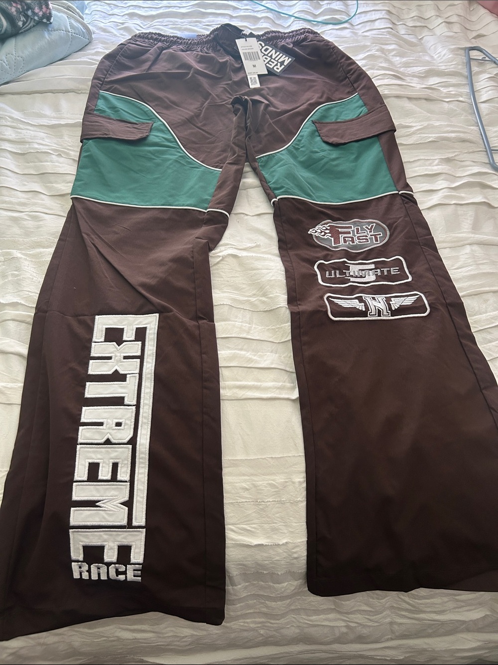 Men's Brown and Teal Cargo Pants with Embroidered Racing Details